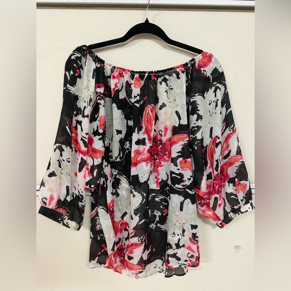 Anne Klein Black and Pink Floral Off-Shoulder Tunic Sz L